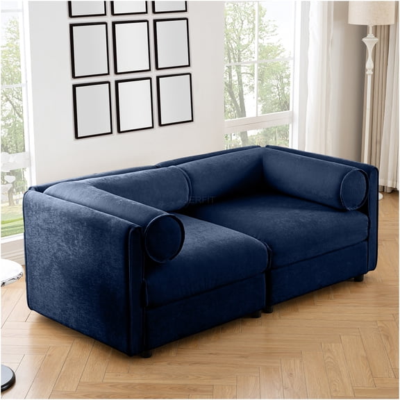 JERFIT Modern Blue Chenille Loveseat Sofa with Hidden Storage, Ergonomic Backrest for Small Space Living Room