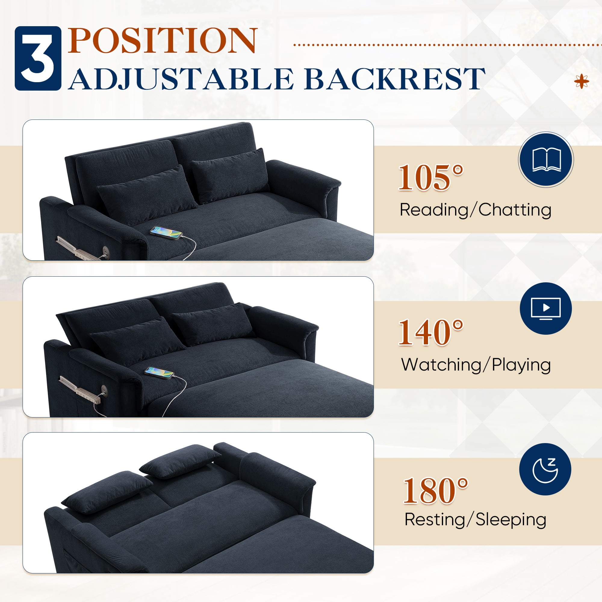Lunale Convertible Sofa Bed with USB, 55" Loveseat Sleeper for Living Room, Apt, Black Velvet