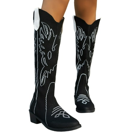 

SIMANLAN Women Western Cowgirl Boots Wide-Calf Shoes Knee High Tall Boot Ladies Fashion Womens Embroidered Black 8.5