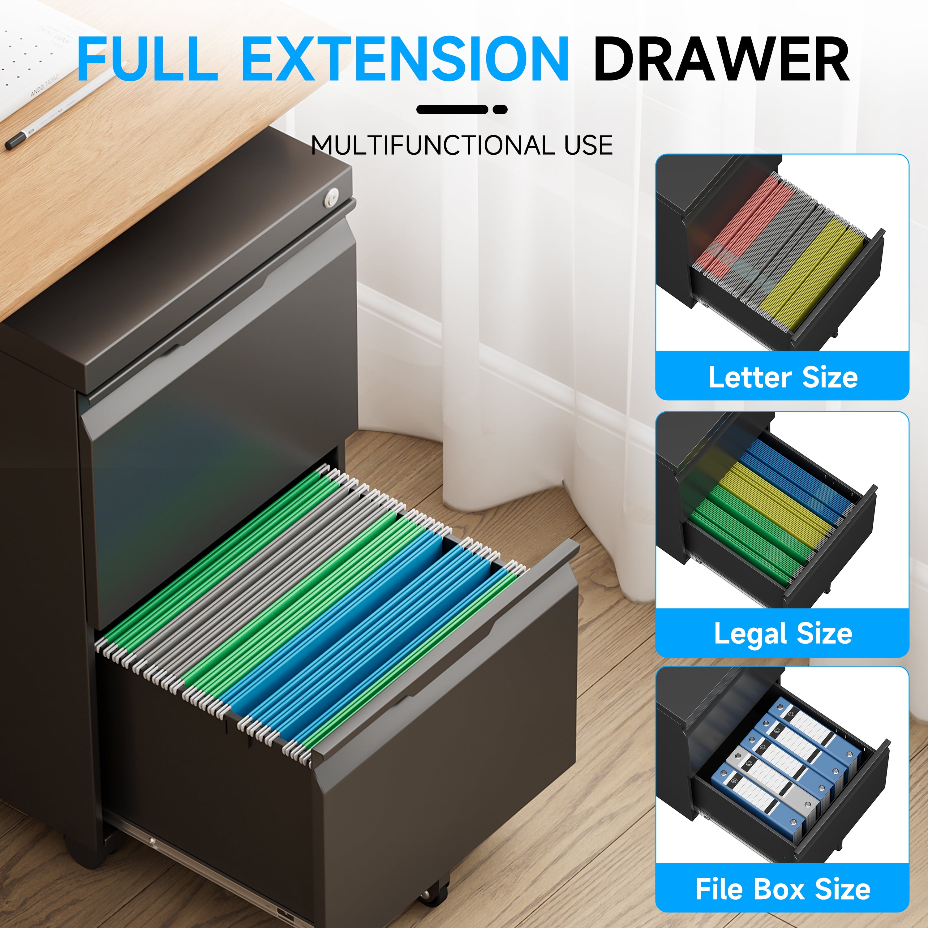 2 Drawer File Cabinet on Wheels, Mobile File Cabinet with Lock for Letter/Legal/A4 File, Metal Rolling File Cabinets for Home Office (Black)
