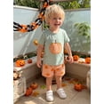 thumbnail image 6 of Cjfdfy Toddler Baby Boy Halloween Thanksgiving Outfits Infant Baby Boys Summer Fall Clothes Pumpkin Embroidery Short Sleeve Pumpkin T Shirt Tops and Elastic Waist Plaid Shorts 2Pcs Set, 6 of 9