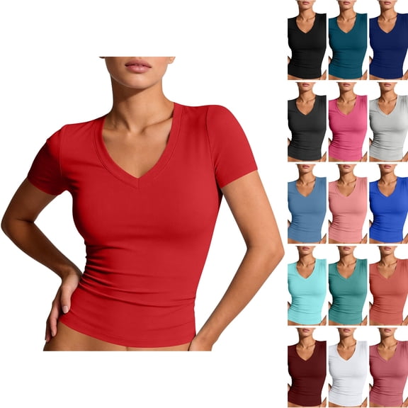WULMLEO Womens Shirts Basic V Neck Short Sleeve Tshirts Summer Y2k Stylish Work Tees Casual Fashion Comfortable T-Shirts Red S