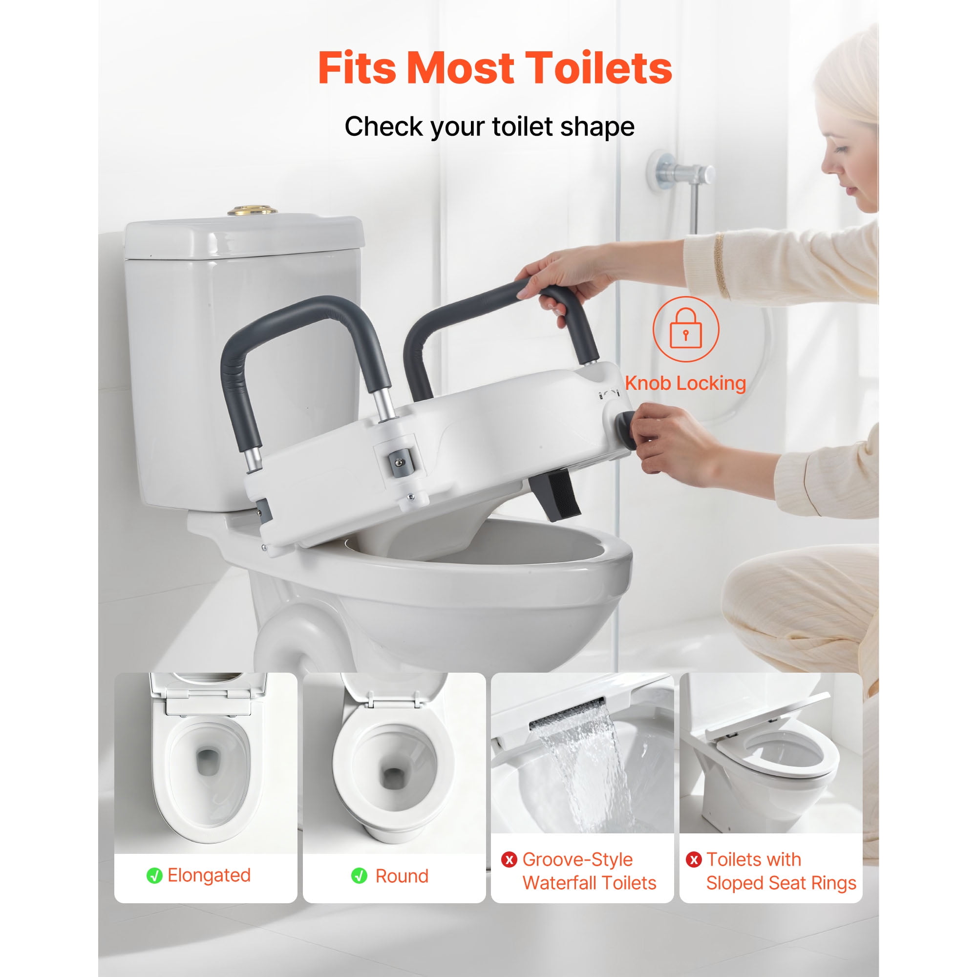 KFFKFF Raised Toilet Seat with Arms, 300 lbs Weight Support, 5-Inch Height Increase, Wide Elevated Commode Seat with Cushioned Handles for Seniors, Adults, and Individuals with Disabilities