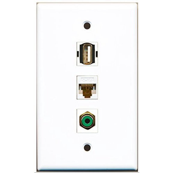 RiteAV - 1 Port RCA Green and 1 Port USB A-A and 1 Port Cat6 Ethernet White Wall Plate