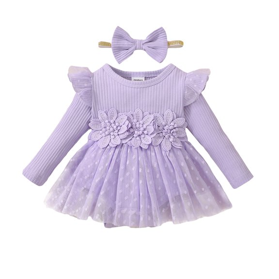 Newborn Baby Girls Clothes Baby Girls One-piece Romper Bodysuit Newborn Girls Long Sleeve Solid Color Romper Headband 2PCS Set Purple 3-6 Months
