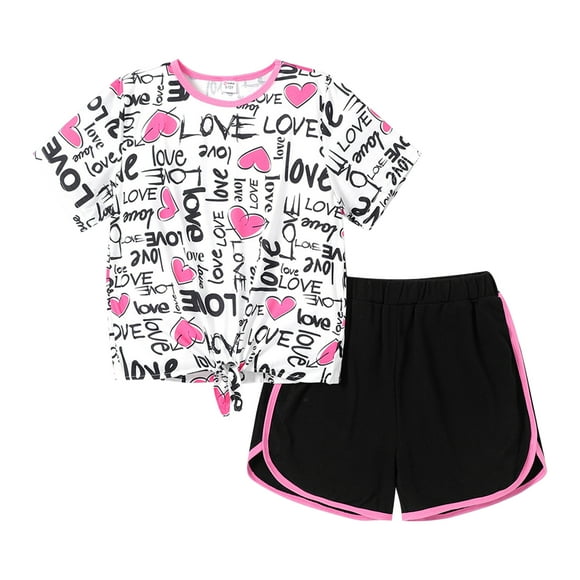 PatPat Kid Girl 2 Pieces Outfits Letter Graphic Short Sleeve T-Shirt and Athletic Shorts Set Sizes 5-12