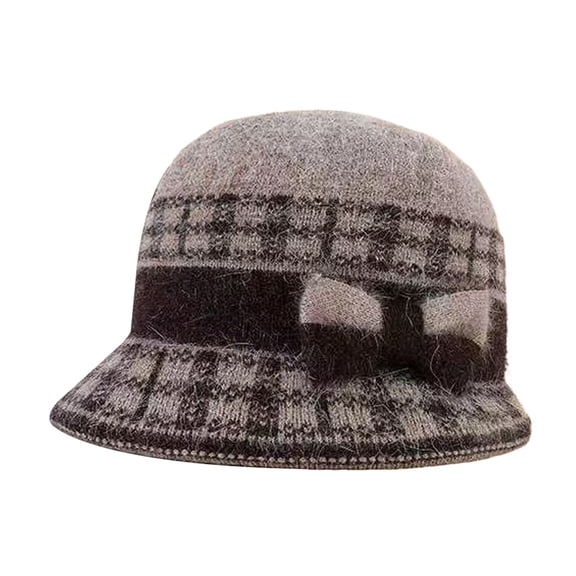 Toudaret Warm Winter Hat for Women Ladies Bucket Hat Ladies Winter Bucket Hat Fleece Lined Plaid Cloche Hat with Bow Warm Retro Knit Hat for Women Elderly