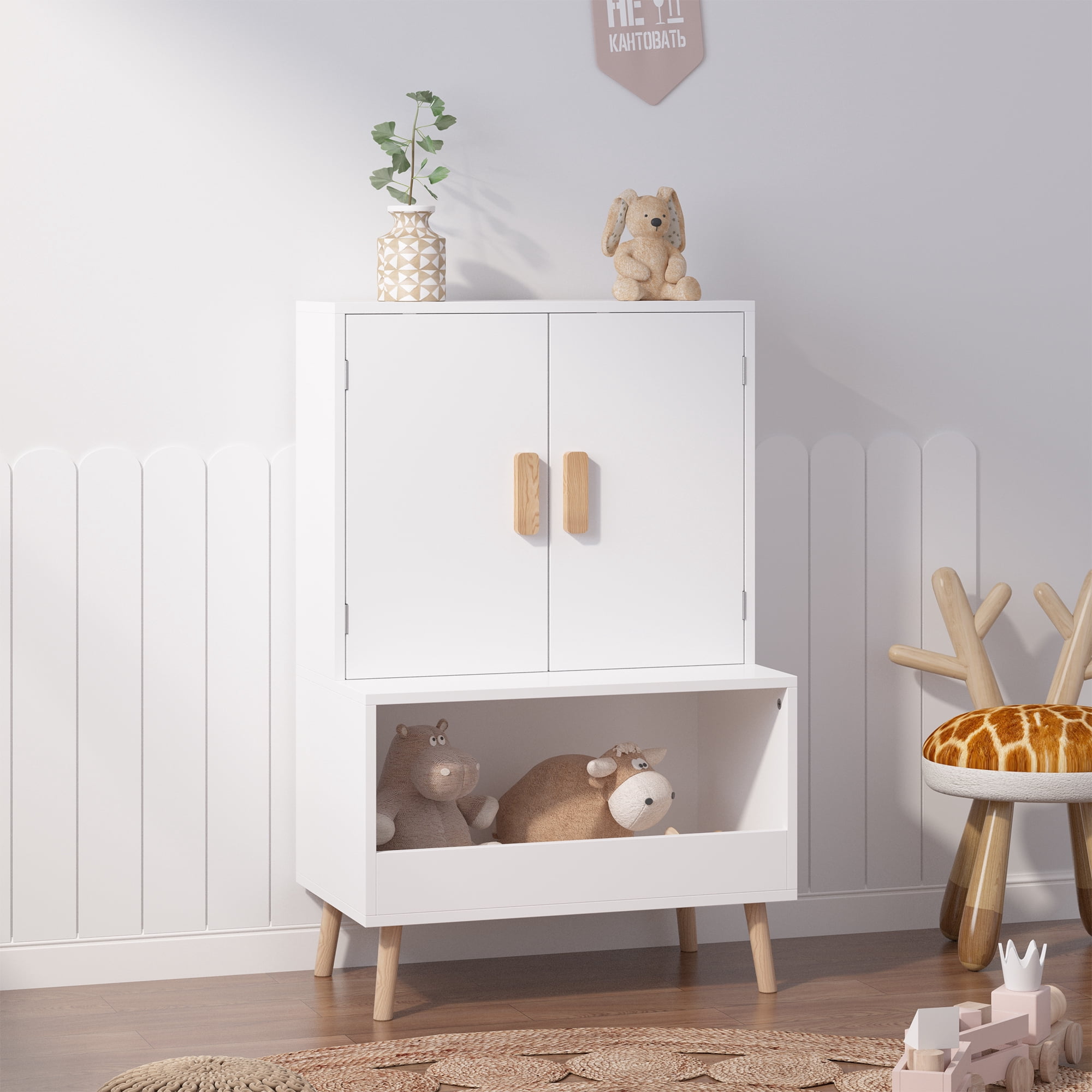 Yoneston Kids Storage Cabinet with Doors and Open Shelf, Modern Toddler Wardrobe Toys Organizer Cabinet for Nursery, Playroom, Bedroom, White