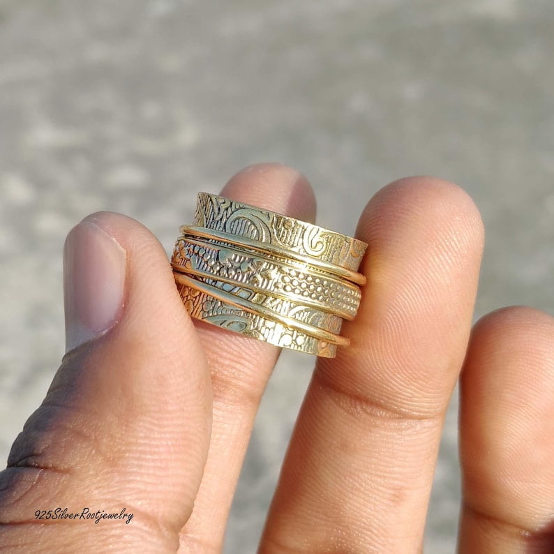 TRIDHA SILVER- Brass Spinner Ring - Wide Band Fidget Spinner Ring with Engraved Brass Band for Stress Relief Jewelry and Anxiety Meditation Focus Tool