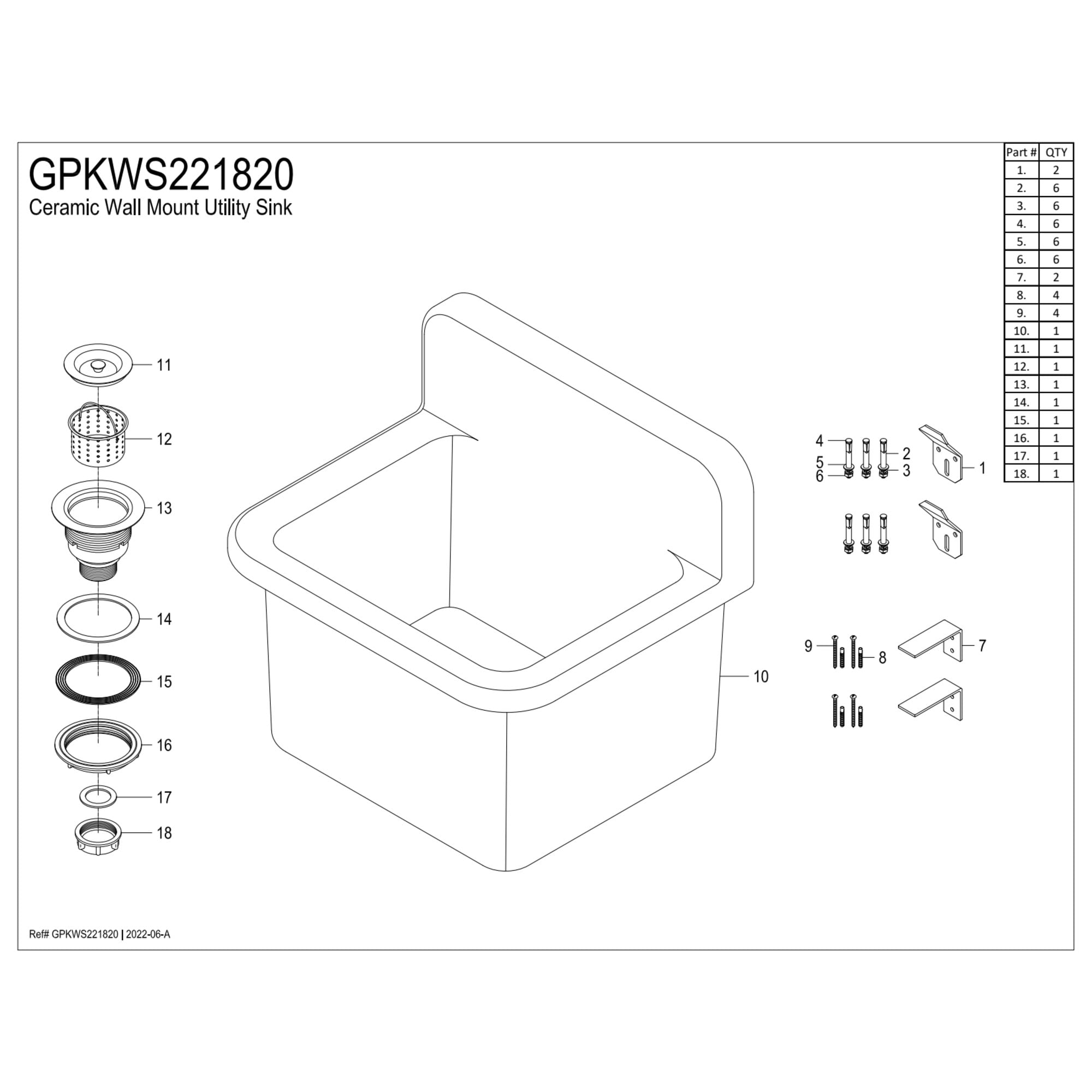 Gourmetier GPKWS221820 Persepolis Galley 22-Inch Ceramic Single Bowl Wall Mount Kitchen Sink with Strainer in White