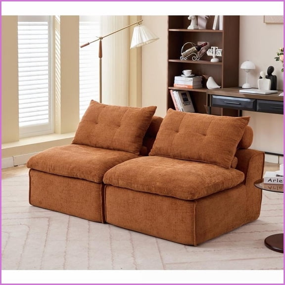 Modular 2-Seat Armless Sofa with Neck/Lumbar Pillows – Soft Chenille Fabric, DIY Design for Small Apartments & Reading Nooks | Orange | Armless | Chenille