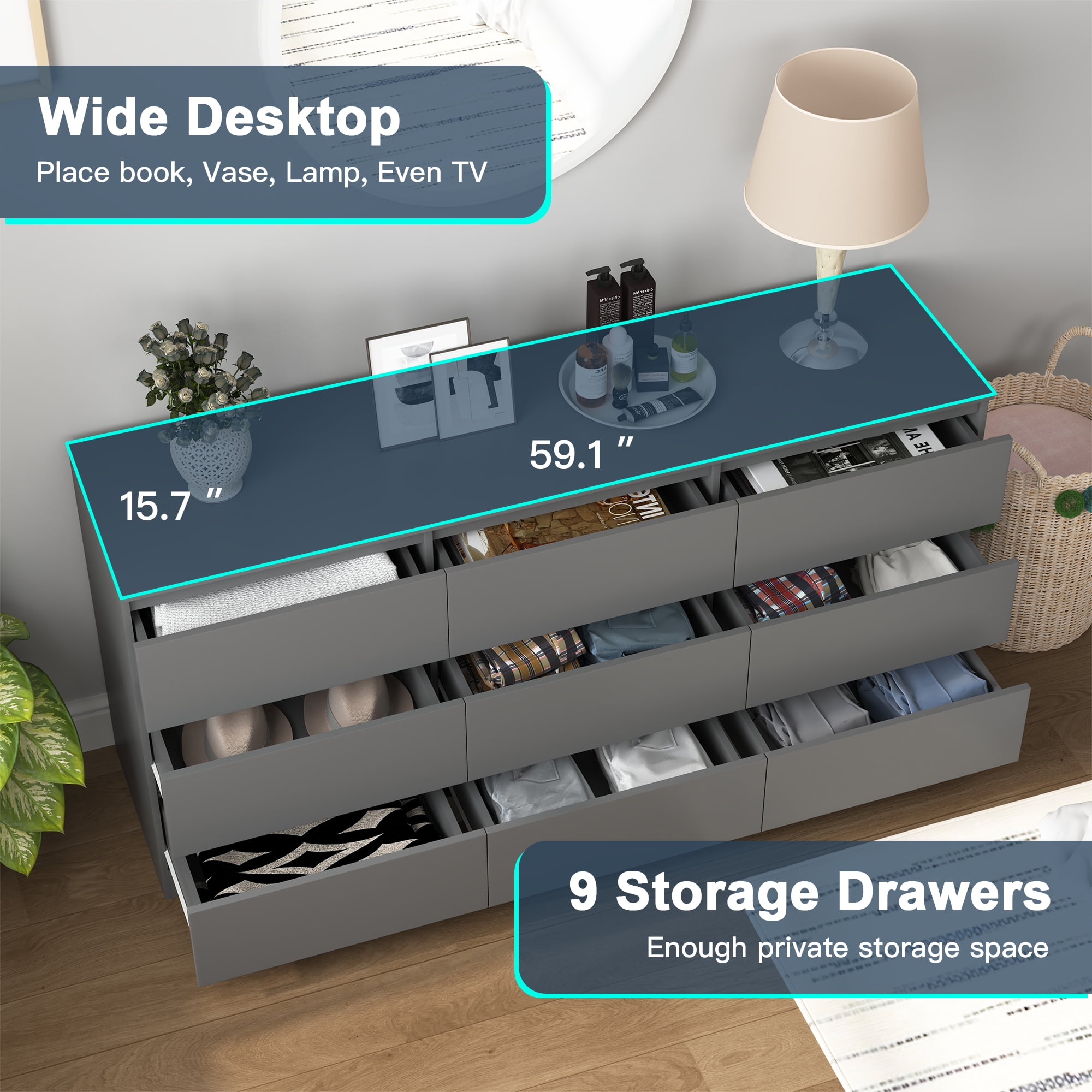Demi Bonn 9 Drawer Double Dresser, Modern 9 Chest of Drawers with Deep Drawers, Wide Storage Organizer Cabinet for Living Room, Gray