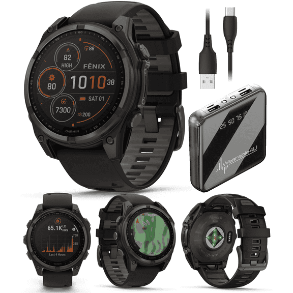 Garmin Fenix 8 47 mm Multisport GPS Smartwatch, Solar, Sapphire, Carbon Gray DLC Titanium with Black/Pebble Gray Silicone, Built-in LED Flashlight with Wearable4U Power Bank Bundle
