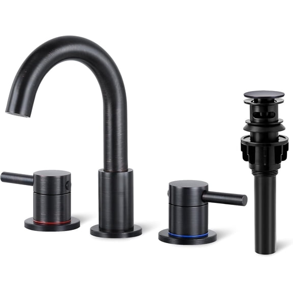Bathroom Faucet 3 Hole, Oil Rubbed Bronze Bathroom Sink Faucet with Pop Up Drain, 8 inch Widespread Bathroom Faucet with 360° Swivel Spout, 2 Handle Vanity Faucet with Water Supply Hoses