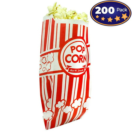 Popcorn Bags Coated for Leak/Tear Resistance. Single Serving 1oz Paper Sleeves in Nostalgic Red/White Design. Great Movie Theme Party Supplies or for Old Fashioned Carnivals & Fundraisers! (200)