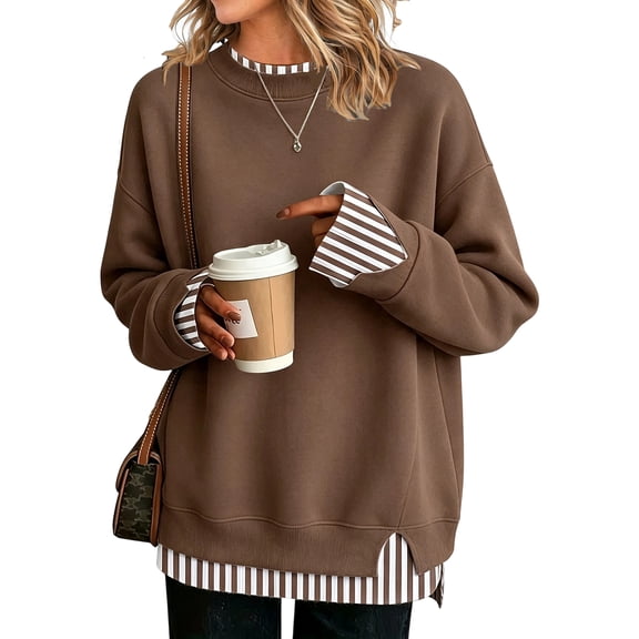 Womens Faux Two-Piece Sweatshirts Lightweight Crew Neck Long Sleeve Pullovers Casual Loose Fit Fall Trendy Tops