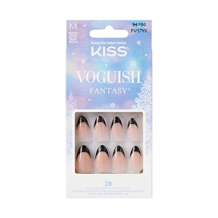 KISS Voguish Fantasy Holiday, Press on Nails, At Christmas, Black, Medium Almond, 28 Count