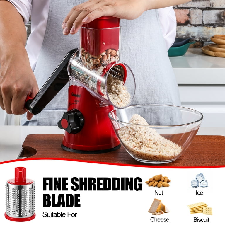 Ourokhome Rotary Cheese Grater Vegetable Slicer - Rotary Round Drum Grater  Chopper with 3 Stainless Steel Drums Strong Suction
