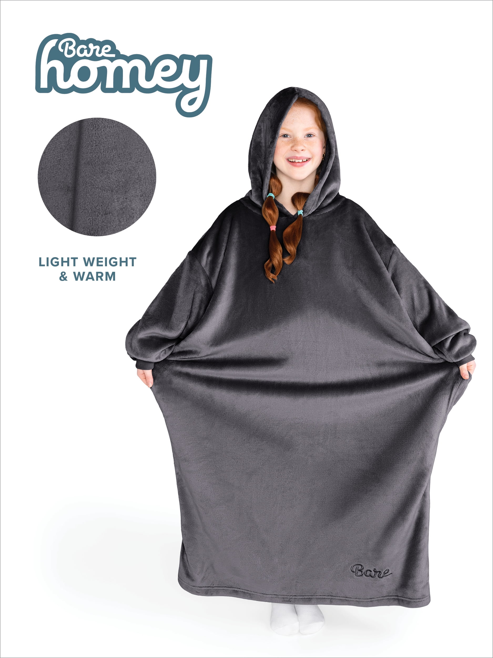 Bare Homey Kids Size Microplush Wearable Blanket - Long Length - Side Pockets - Velvety Soft, Forged Iron Gray
