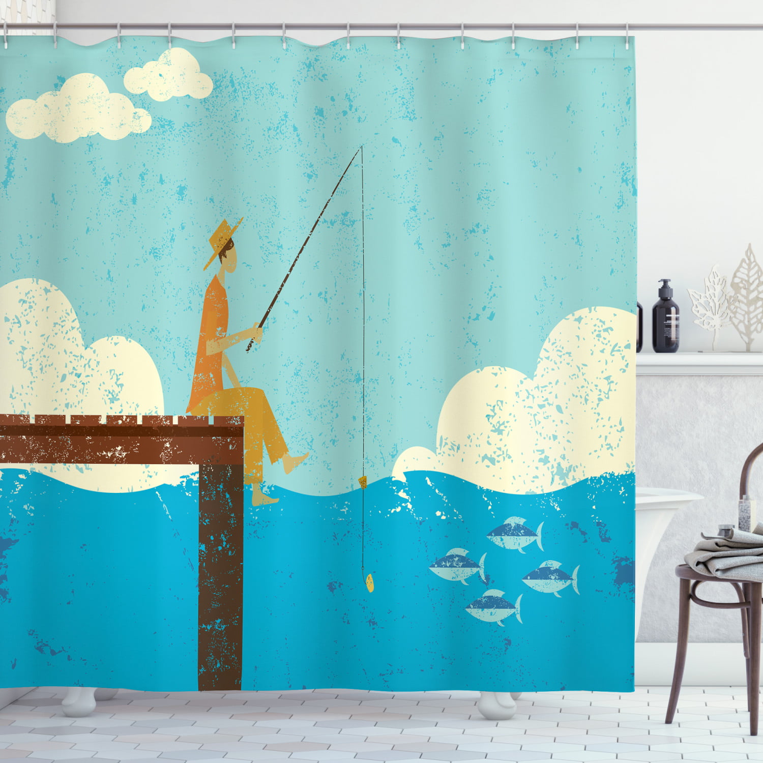 Fish Shower Curtain, Fishing Man Figure with Rod Sitting on the Pier Little  Fishes in the Sea Grunge Print, Fabric Bathroom Set with Hooks, 69W X 70L  Inches, Multicolor, by Ambesonne 