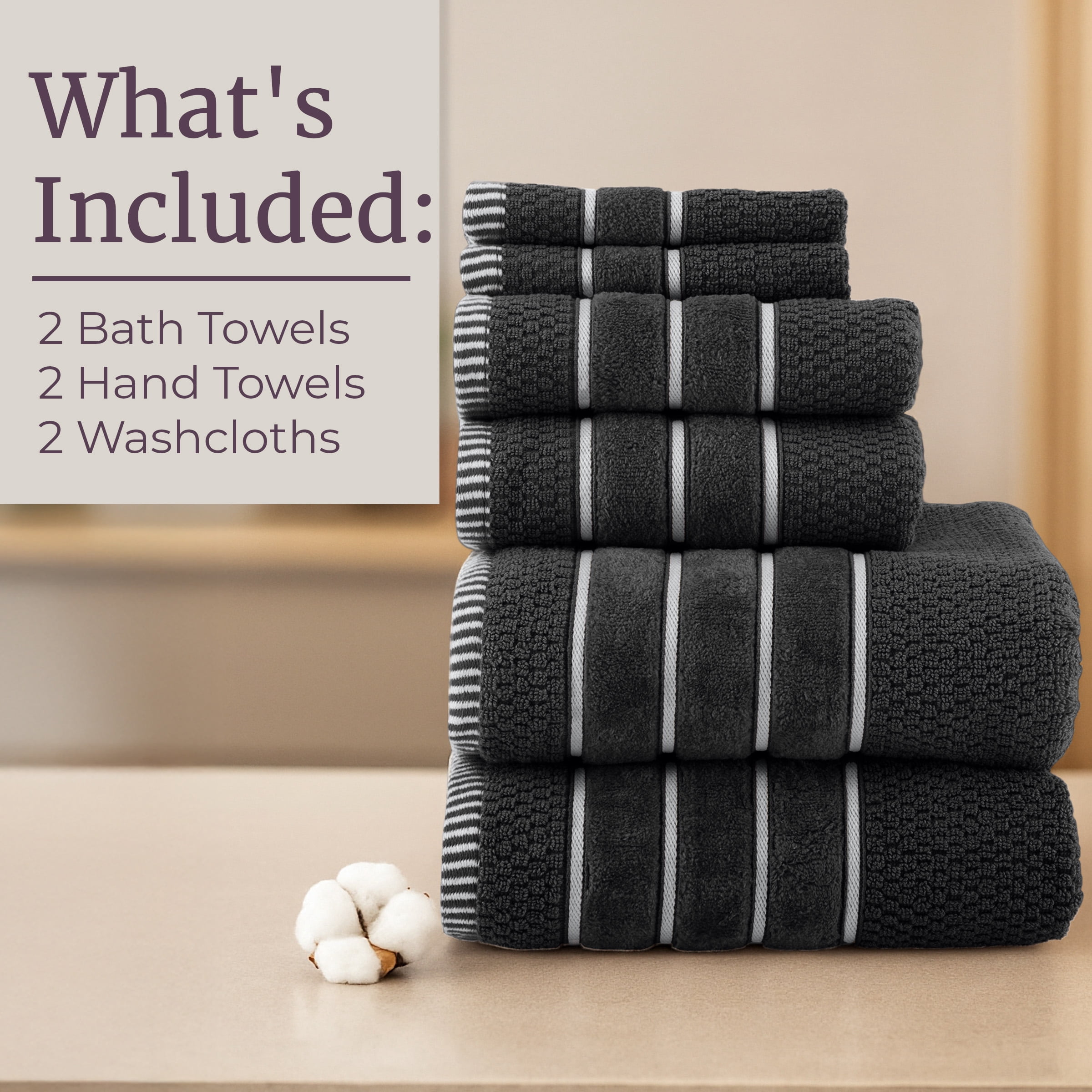 Lavish Home 6-Piece Combed Cotton Rice Weave Towel Set (Black)