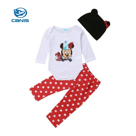 

Baby 3PCS Outfit Set Long Sleeve Classical Mouse Printed Envelope Neckline Romper Long Polka Dot Pants Beanie Hat Set