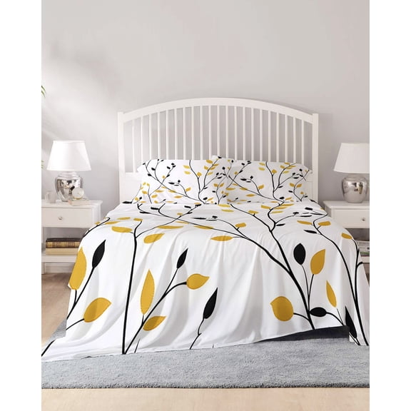 4 Piece King Sheet Set Yellow Black Branches Sheets Set for King Size Bed, Breathable Soft Microfiber Bed Sheets Cooling Spring Rusitc Botanical Leaves Fitted Sheet Deep Pocket, Pillowcases