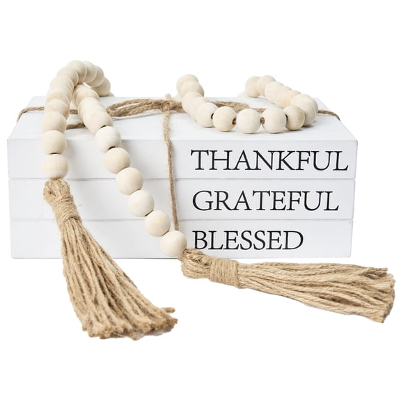 Thankful Grateful Blessed Decor Books, White Faux Books for Shelf Styling, Farmhouse Bead Garland Included, Rustic Home Office Decor, Beige
