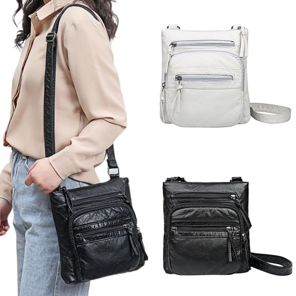 Modstep Women's Leather Crossbody Bags Multiple Zipper Compartments Vintage Shoulder Purses Ladies Work Shopping Tote Handbags Black