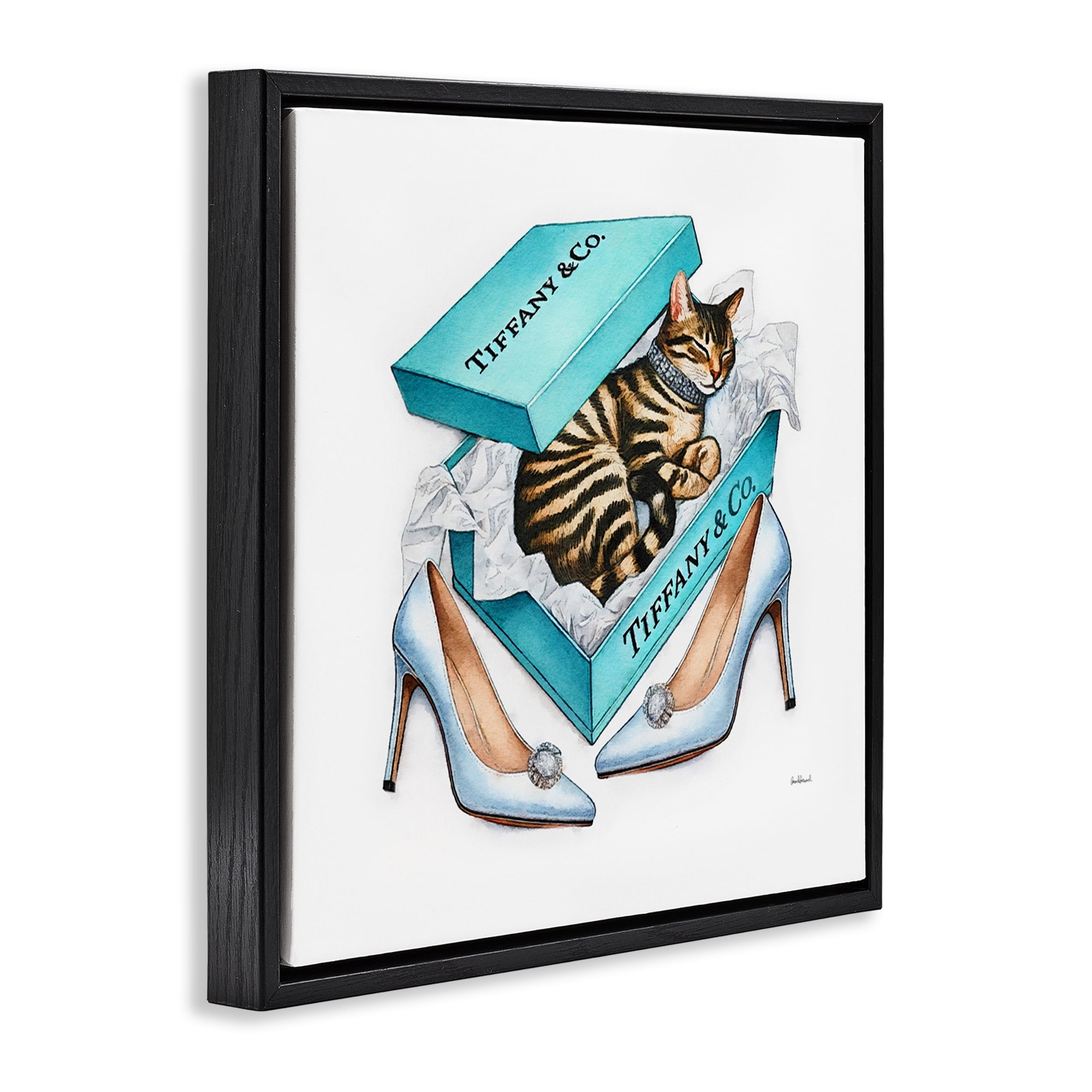 Stupell Industries Blue Shoebox with Kitty Animals Painting Black Floater Framed Canvas Art Print Wall Art, 18 x 18