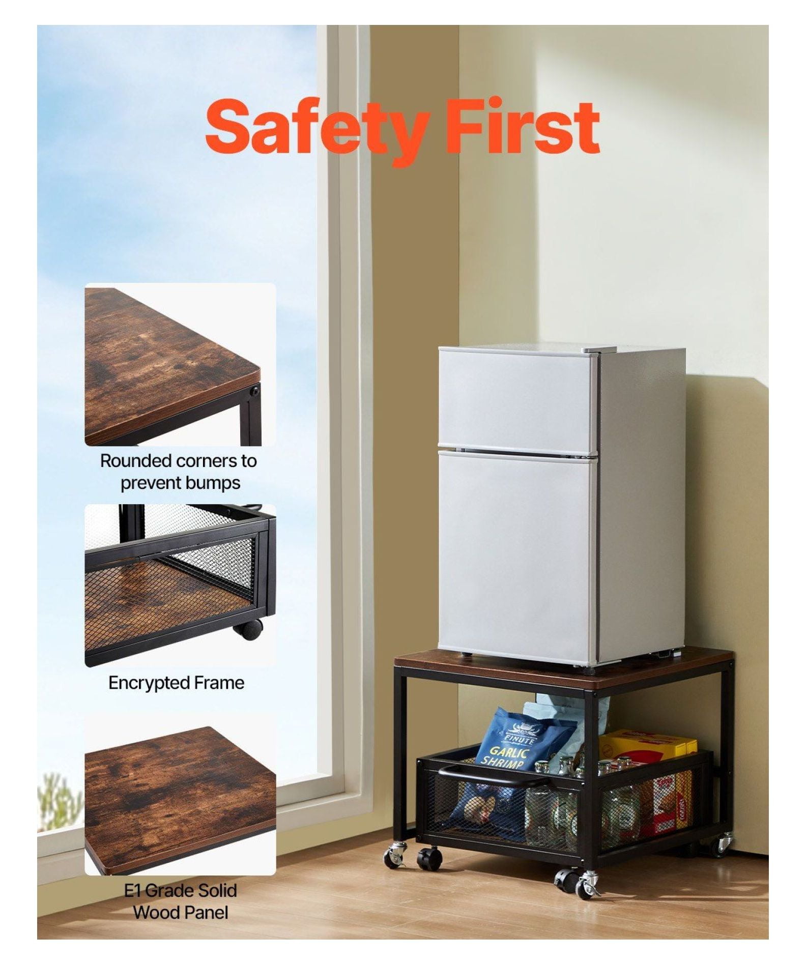 Mini Fridge Stand with Storage, 198lbs Capacity, Swivel Wheels - Beverage Refrigerator Table for Home, Dorm, Coffee Bar - Dark Brown Organizer