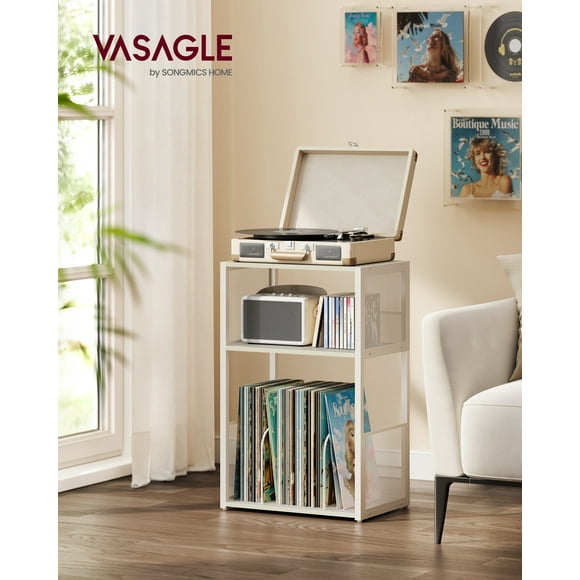 VASAGLE Record Player Stand, 3-Tier Side Table, Vinyl Record Storage up to 100 Albums, End Table for Living Room, Bedroom, Rustic White