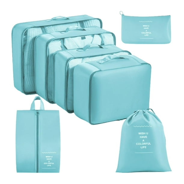 7 cubos de embalaje, bolsas de almacenamiento de viaje, bolsas con cordón, elementos esenciales de viaje, cubos de viaje, organizadores de equipaje Azul claro