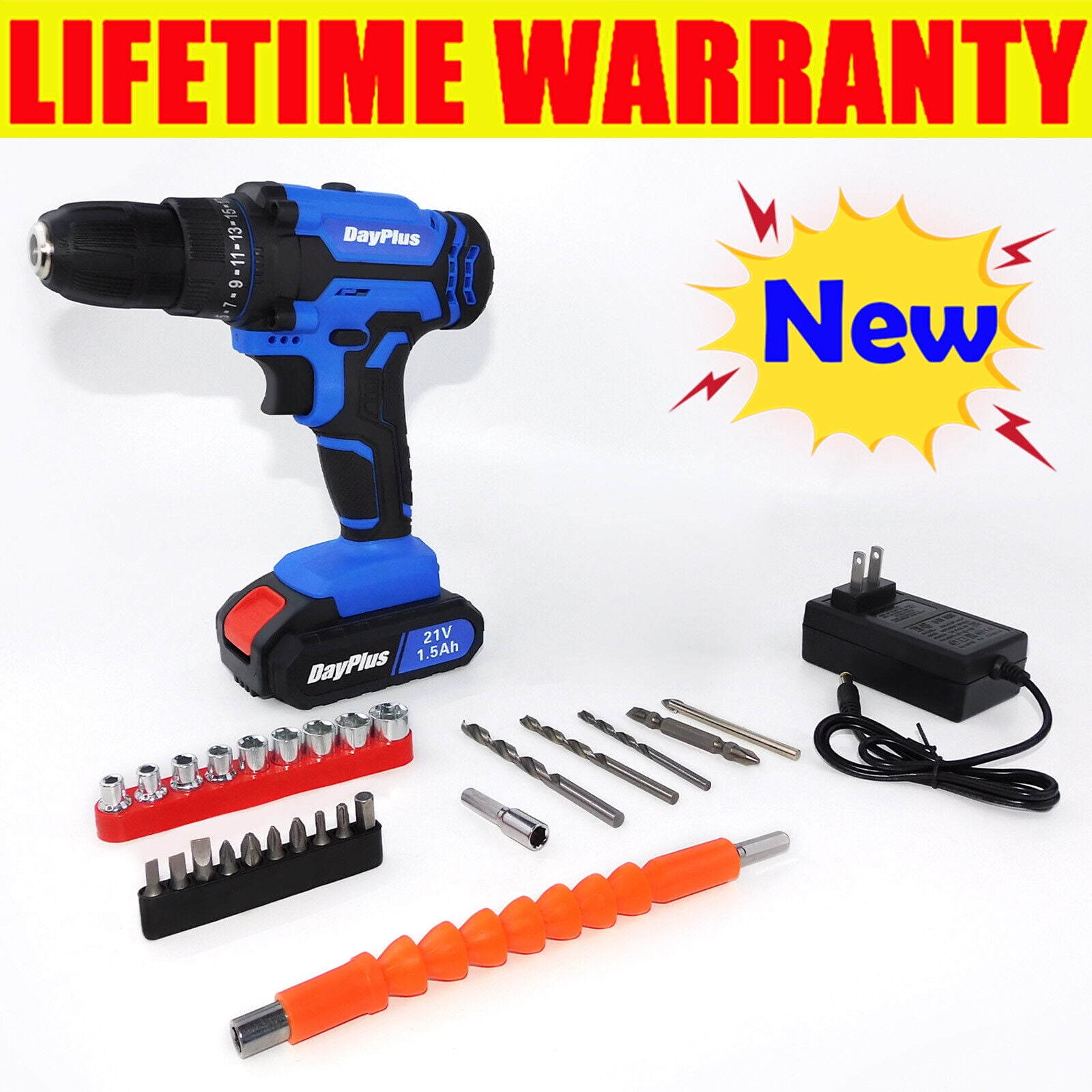 Bowoshen 21V Electric Drill 3/8" Power Cordless Screwdriver Driver LED