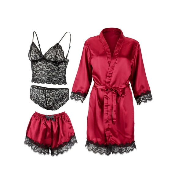 Spencer Women's Satin Pajama Set 4pcs Floral Lace Trim Cami Lingerie Sleepwear Sexy Nightwear, Cami Tops, Panty, Shorts and Robe, Red