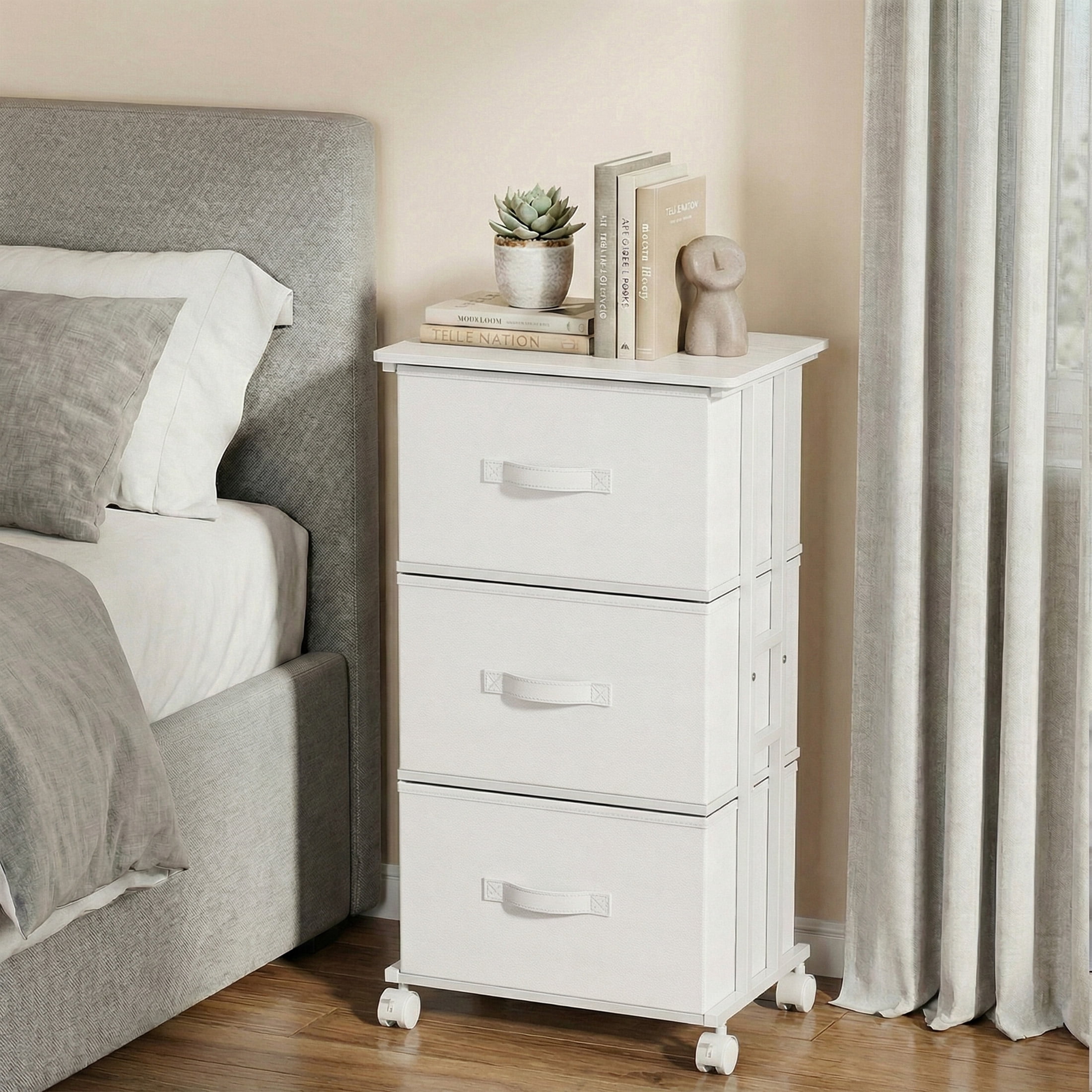 CONCETTA Dresser Storage with 3 Drawers, Storage with Wheels for Bedroom, Home Office, White