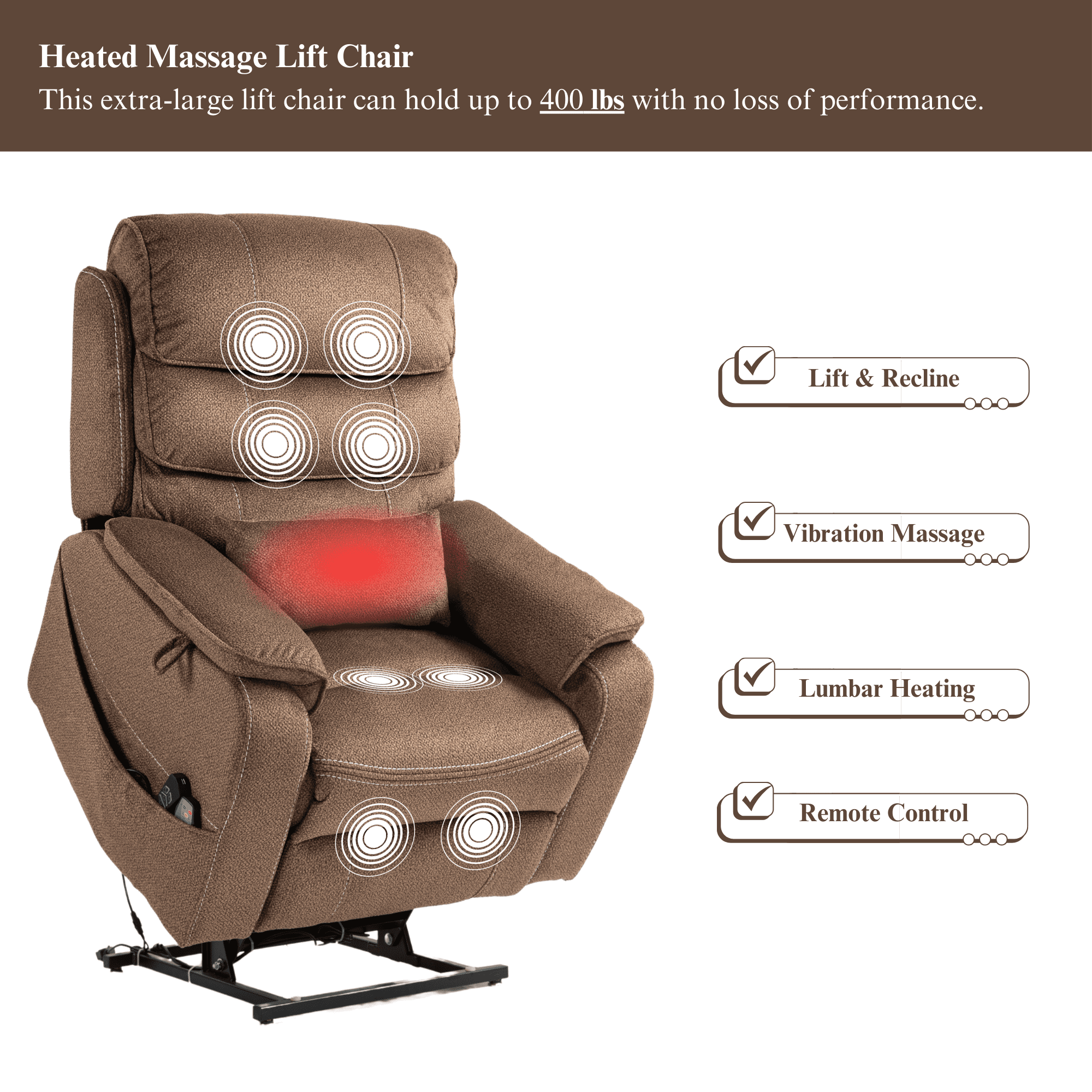 JUUXO Power Lift Recliner Chair for Elderly Adults Wide Recliner Chair with Wireless Charger, Cup Holder, and Lumbar Pillow - Chenille Brown