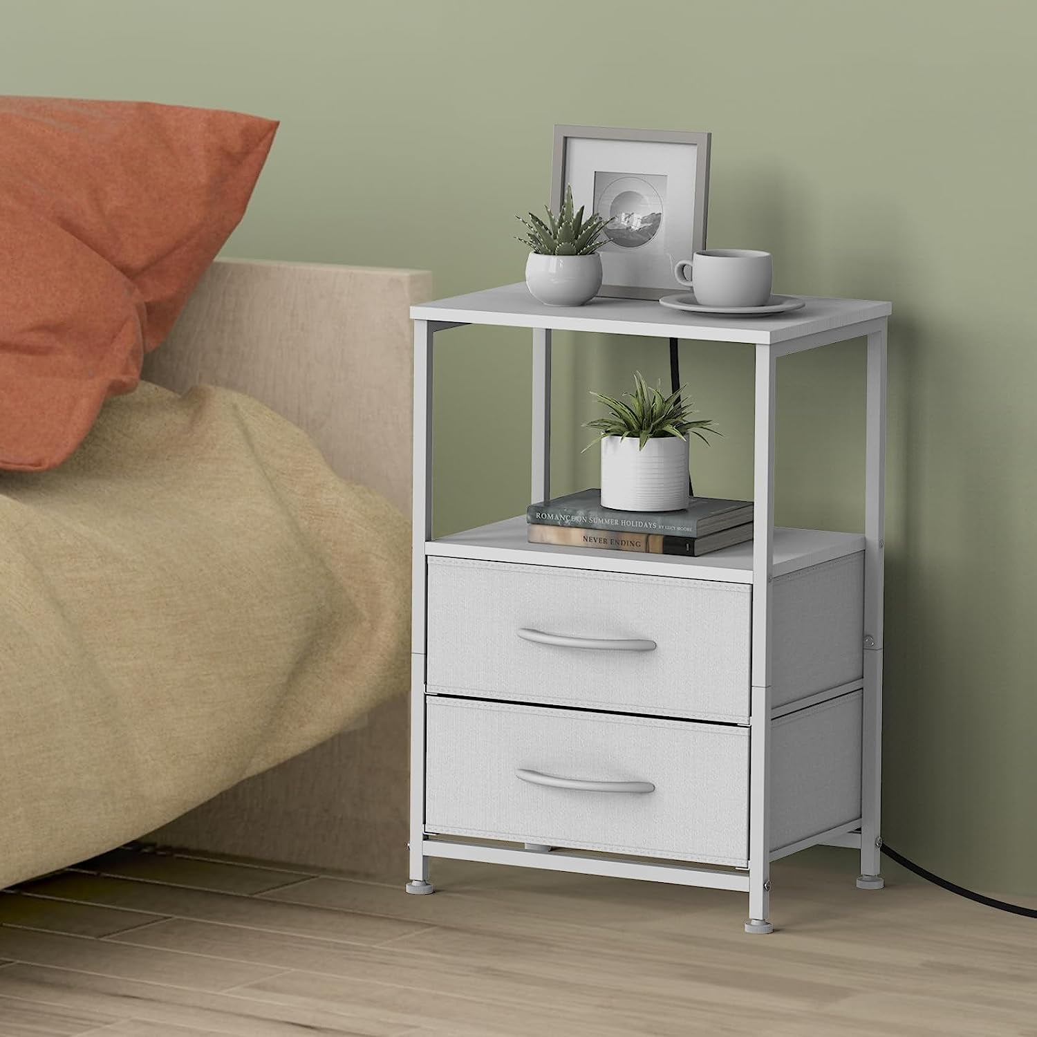 White Nightstand with 2 Fabric Drawers End Table with Charging Station