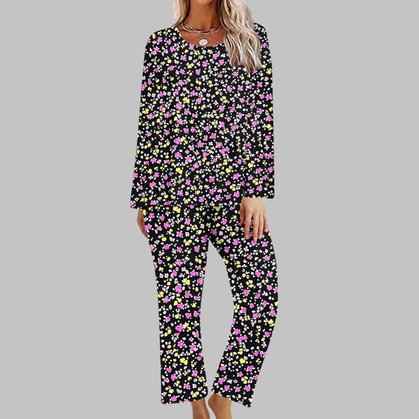 Puntoco Conjunto de pijama cómodo para mujer, conjunto de pijama con top y pantalones de manga larga con cuello redondo y estampado informal a la moda para mujer
