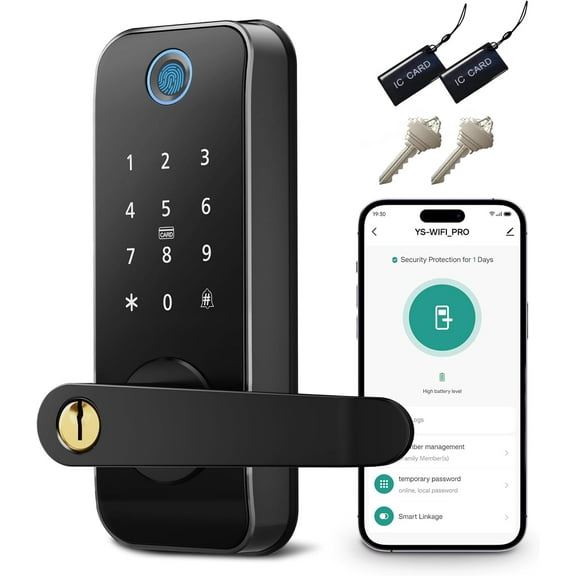 Hansang Smart Door Lock with Handle, Keyless Entry Fingerprint Lock with Touchscreen Keypad and Built-in WiFi, Electronic Door Knob for Front or Bedroom Doors