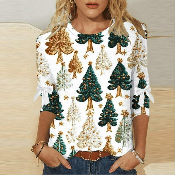 Women's Plus Size Christmas Round Neck Three-Quarter Sleeve Casual Loose Blouse