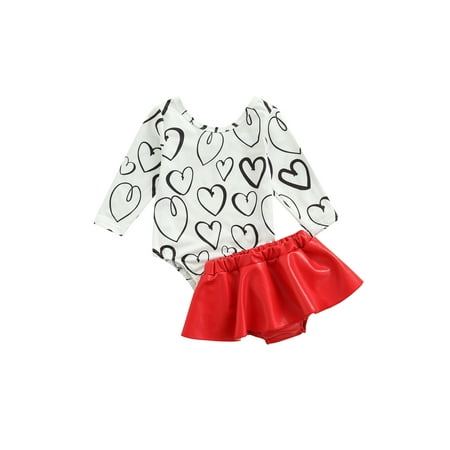 

Inevnen Baby Girl Valentine s Day Suit Heart Print Romper Red Leather Skirt 2Piece Outfit