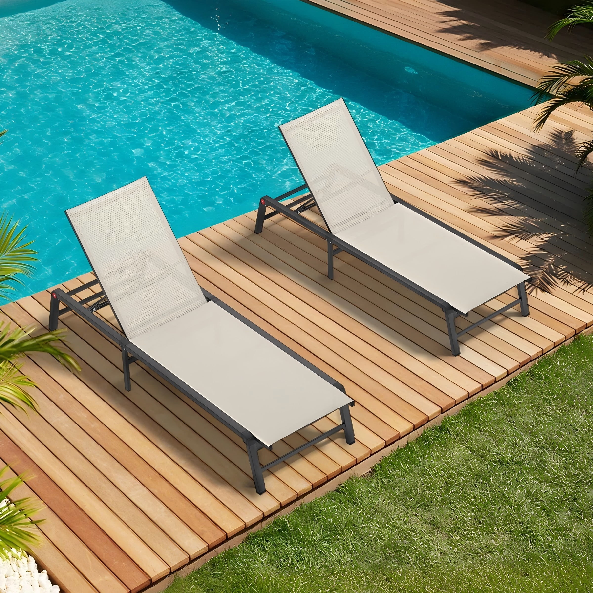 Patio Chaise Lounge, 2 Pack No Assembly Aluminum Reclining Pool Lounge Chair Adjustable Backrest for Sunbathing, Beige