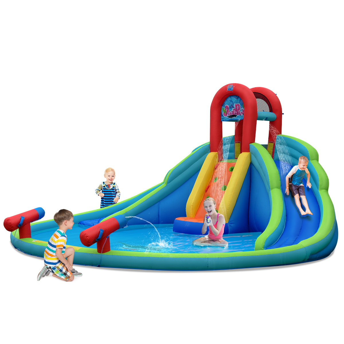 Costway Inflatable Bounce House with Splash Pool, Dual Slides, Climbing Wall
