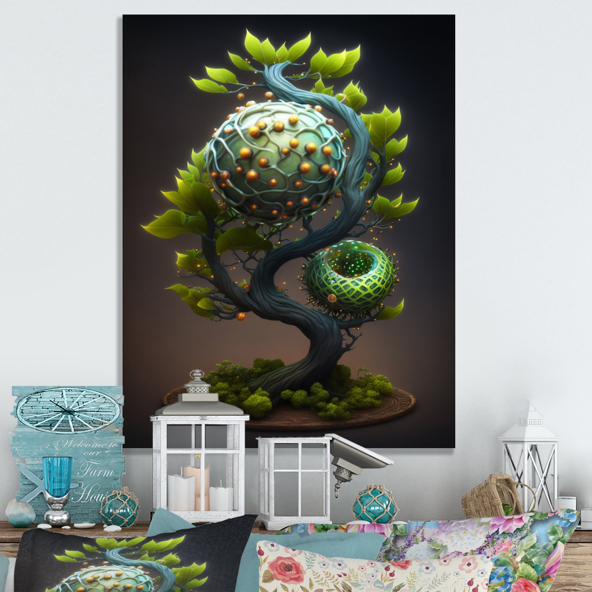 Designart Bonsai Swirl Tree Neon V Canvas Wall Art