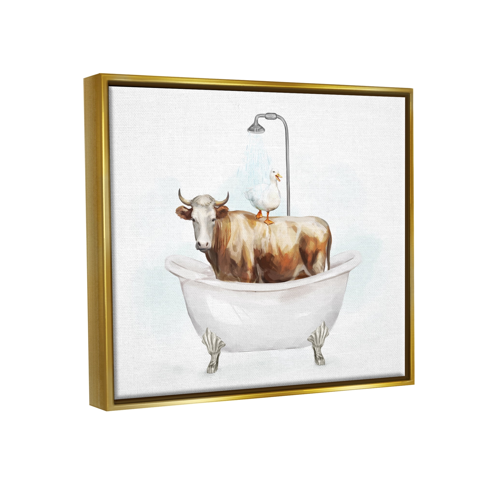 Stupell Industries Duck & Cow in Tub Animals & Insects Painting Gold Floater Framed Canvas Art Print Wall Art, 21 x 17