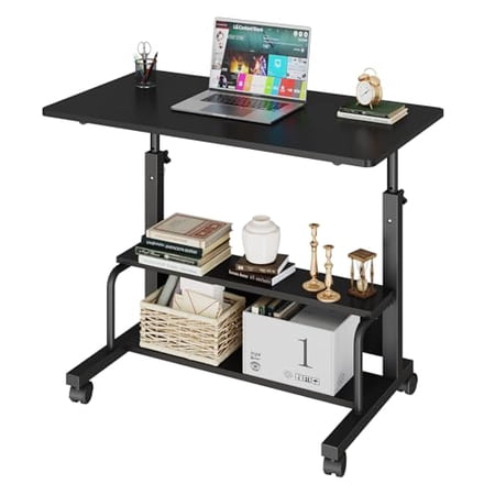 Portable Height Adjustable Manual Standing Desk 31.5", Computer Desk with Locking Casters & 2-Tier Storage, Ideal for Home Office & Compact Workspaces