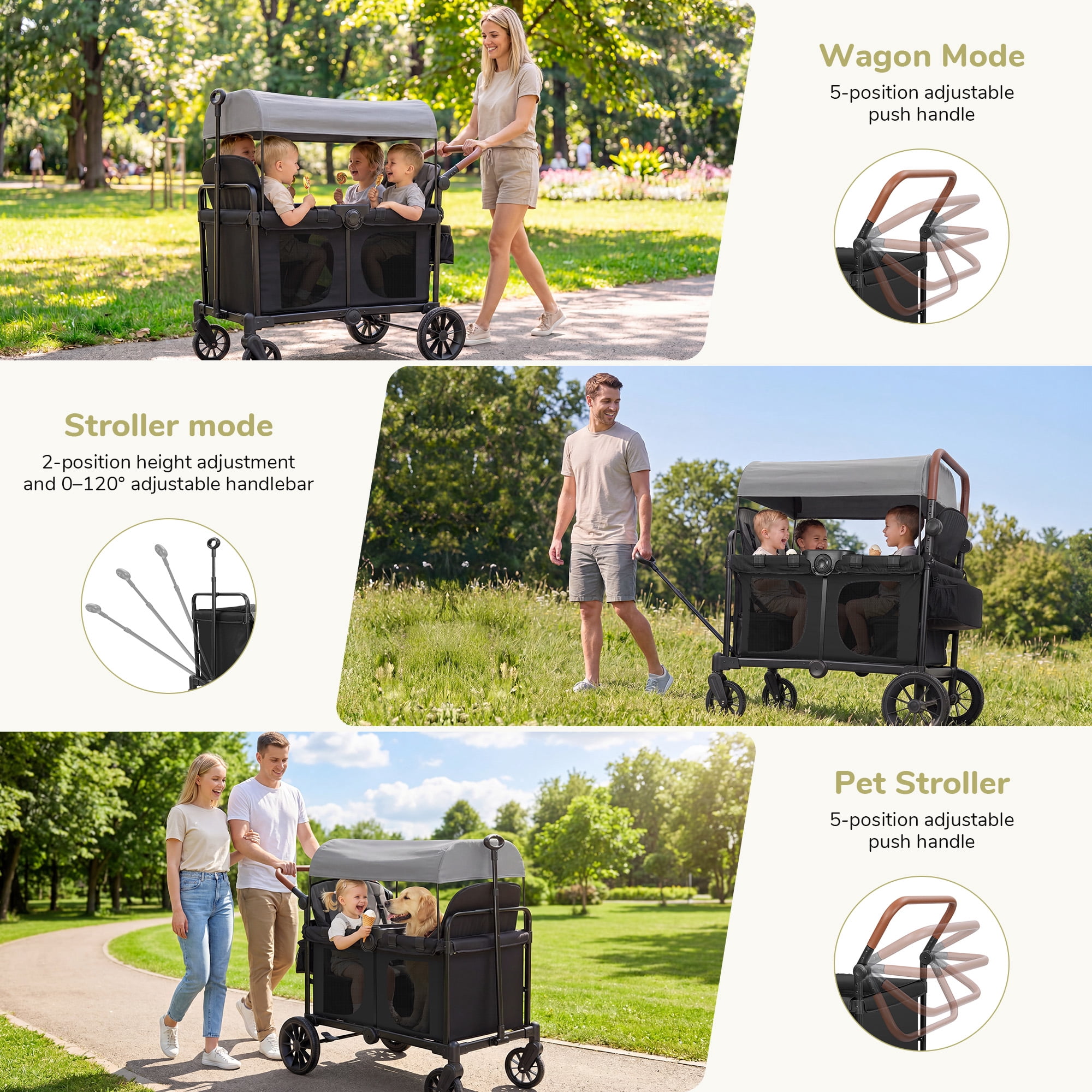 Neche Collapsible Wagon Stroller 4 Seater with 5-Point Harnesses, Canopy, Storage Bag, Adjustable Handlebar, 2 Cup Holders, Grey