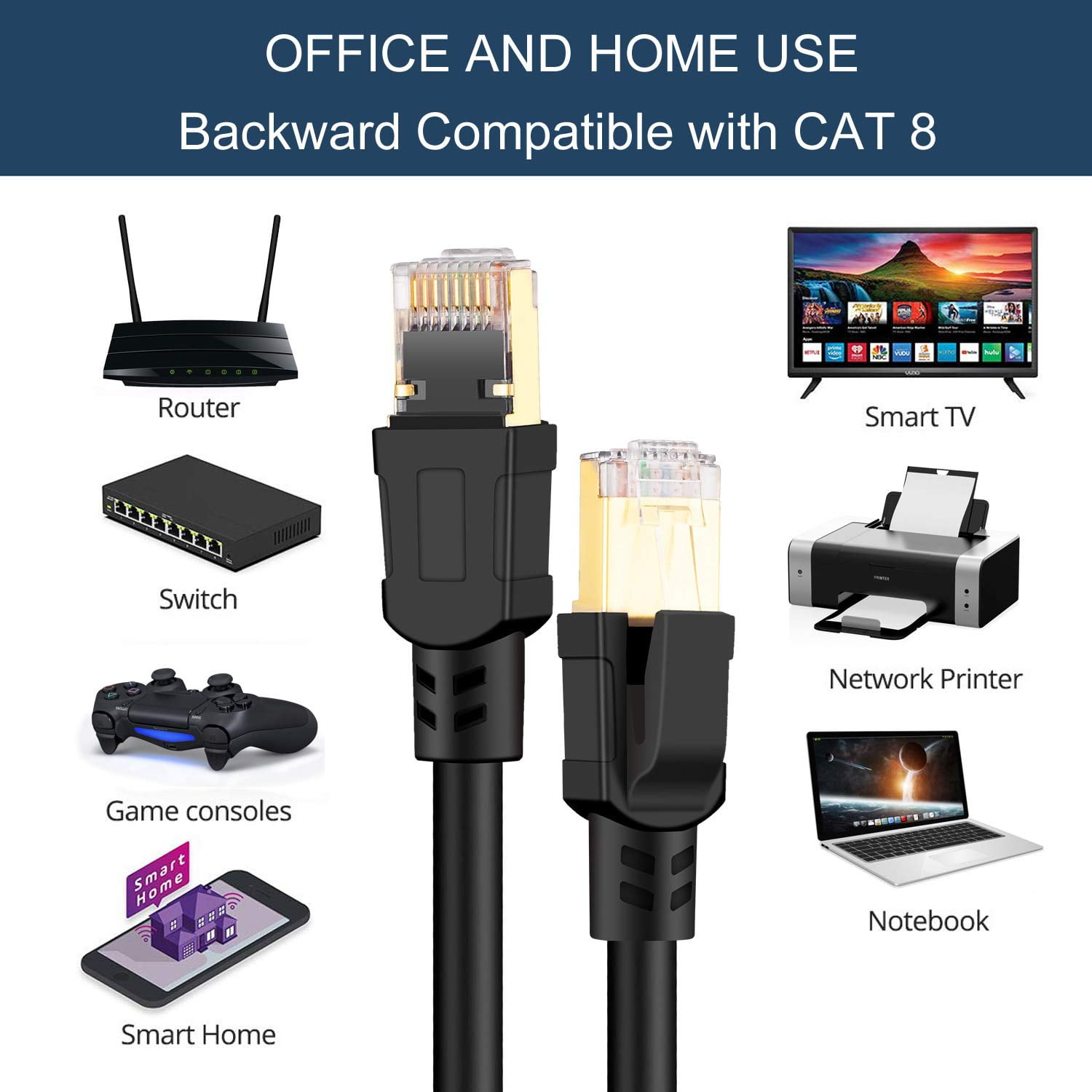 Tianle Cat8 Ethernet Cable, High Speed 26AWG LAN Network Cable 40Gbps 2000Mhz SFTP with Gold Plated RJ45 for PC, Router, Switch, Modem, Smart TV, PS4, Game Console (30ft)