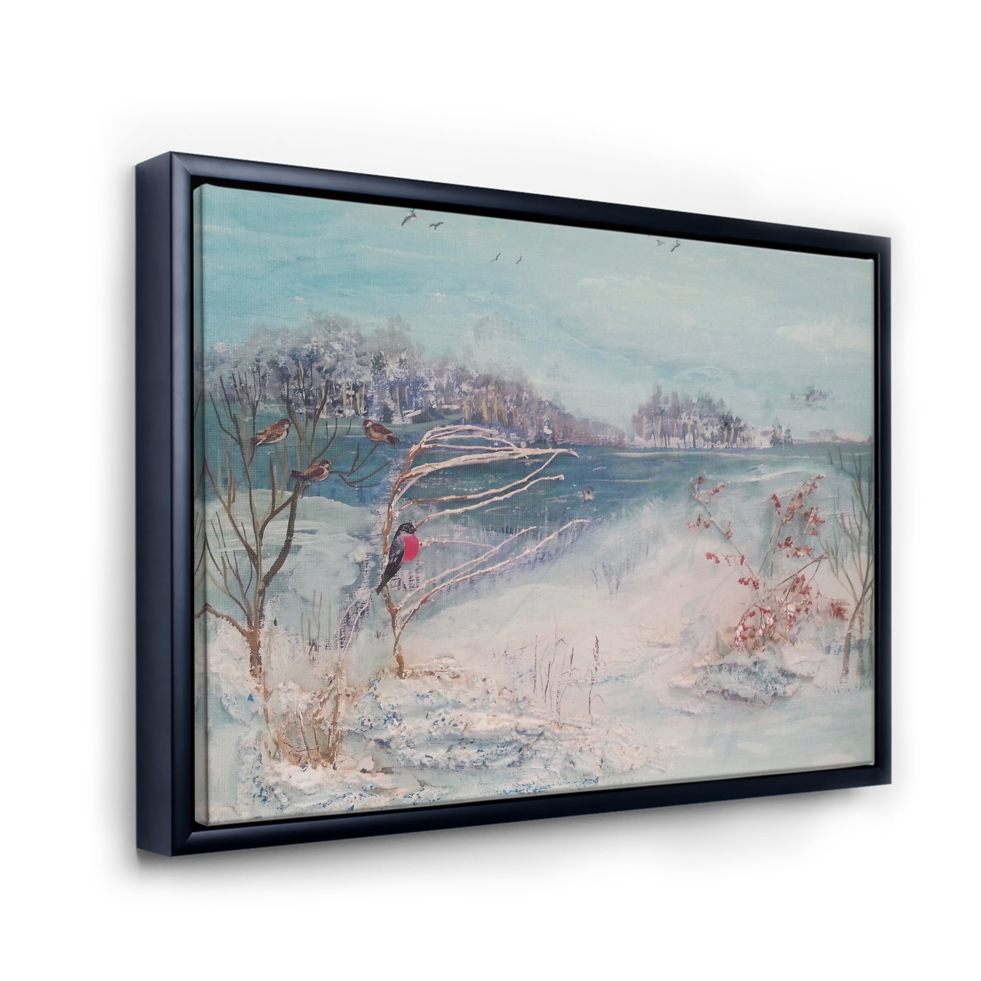 Designart 'Birds and Winter Trees By River' Lake House Framed Canvas Wall Art Print